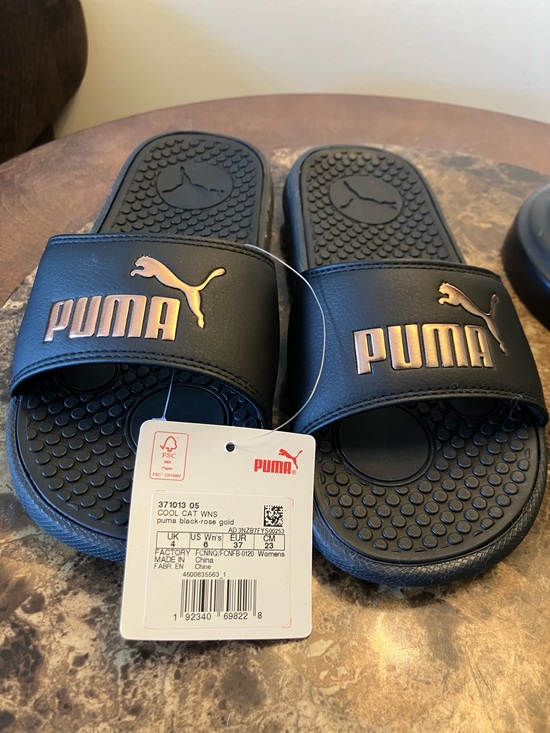 Puma Shoes - Puma Black Slides with Metallic Rose Accents